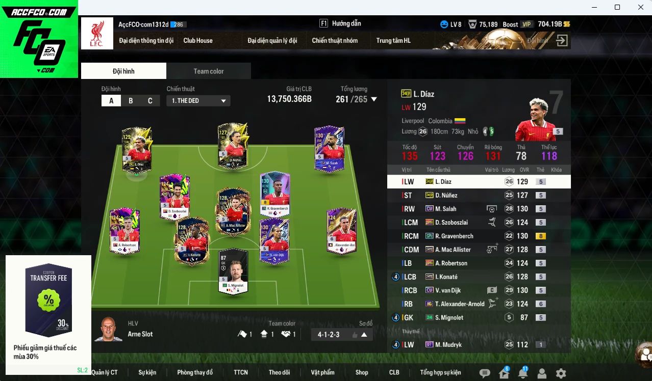 Ảnh Liverpool 13.750b dư 700b có Mac Allister TS24, Van Dijk CU, Gravenberch SPL, Konaté TS24, Salah CU, Szoboszlai 23HW, Díaz 24EP, Nunez 24EP...